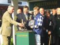 Lord Vestey, Felix Francis and winning jockey, Robert Thornton, who rode Ouzbeck to victory in the Dick Francis Silks stakes